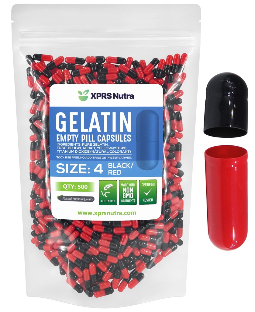 XPRS Nutra Größe 4 Leere Kapseln - 500 Count Small Leere Gelatin Kapseln - Pillen DIY Kapsel Füllung - Fillable Bovine Pill Gel Kapseln für Do-It-Yourself Ergänzungen (schwarz/rot)