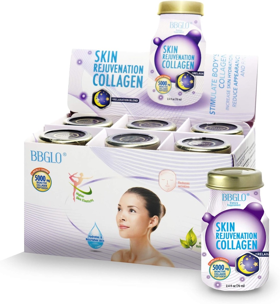BBGLO® Ringiovanimento della pelle Bevanda di collagene - Anti Complesso di invecchiamento, 2.4 fl. Oz (6 Bottiglie, Rilassamento)