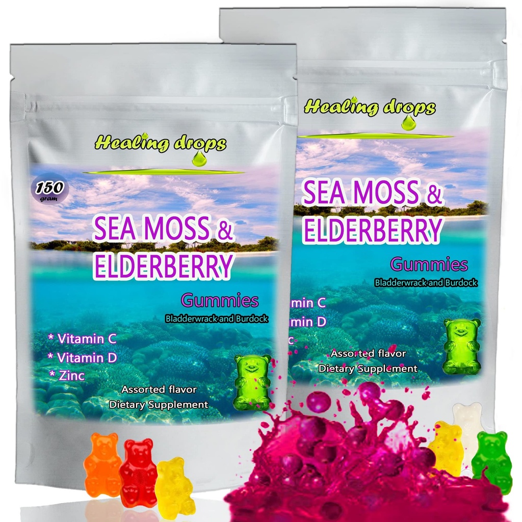 Irish Sea Moss Gummis – Raw Organic Wildcrafted Sun-Dried Seamoss Powder Gel - mit Bladderwrack Burdock Root – Alkaline Keto Vegan Non-GMO – Haut Detox (Elderberry)
