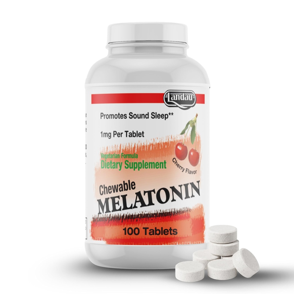 LANDAU Kaubares Melatonin für Kinder - 1 mg Low Dose Melatonin Sleep Aid für Kinder - Koscher & Made in the USA - Einfach zu nehmender natürlicher Kirschgeschmack Melatonin Sleep Aid für Kleinkinder, Kinder und Erwachsene (100)