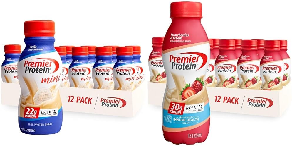 Premier Protein Shake MINIs Vanilla 22g Protein 120 Calories Pack von 12 & Erdbeeren Premier Protein Shake 30g Protein 160 Calories Pack von 12