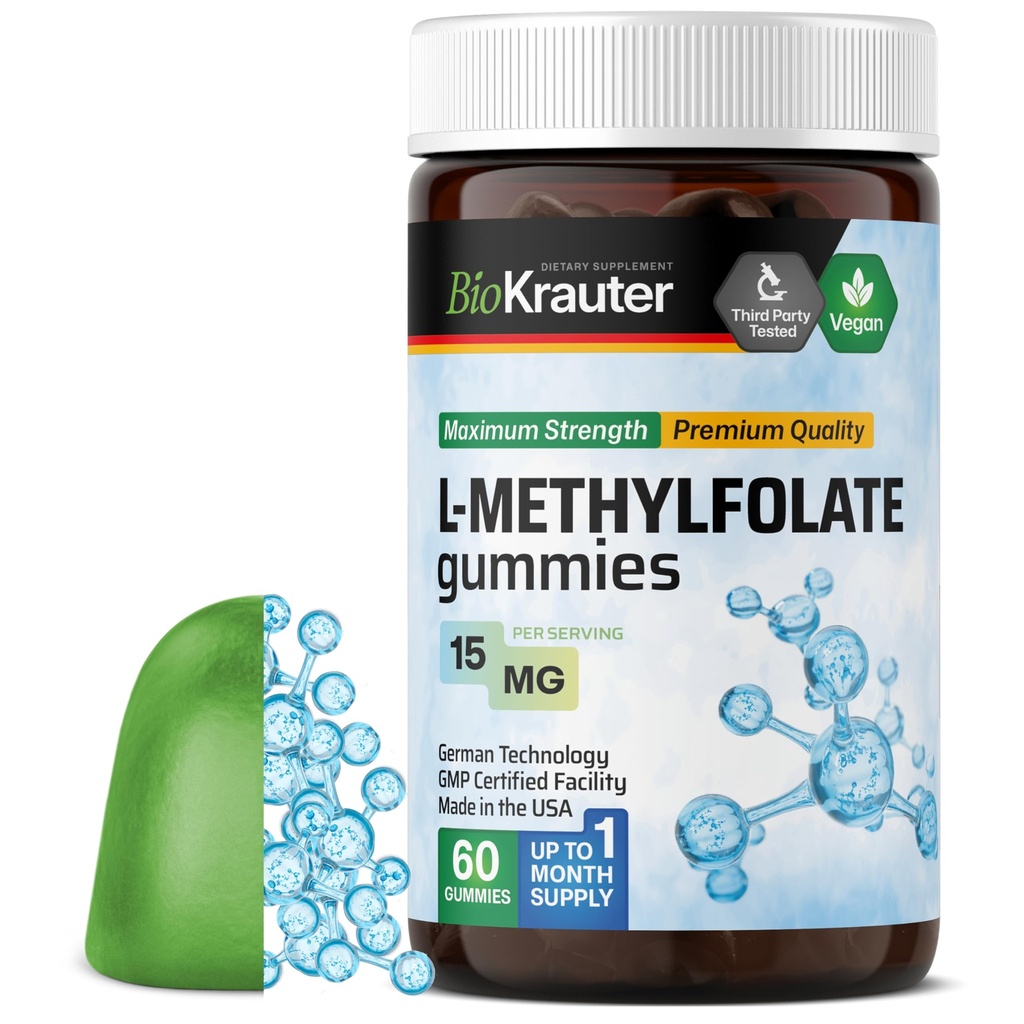 BIO KRAUTER L Methylfolate Gummies - 25 mg DFE - 60 Vegan Chews - MTHF Supplement - Folate Supplement - Folic Acid Gummies (Vitamina B9) - Gelatine-Free Formula