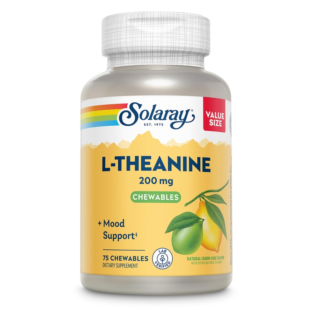 SOLARAY L Theanine 200mg, Mood-Supplement mit Vitamin B6 - Calming-Unterstützung während des okzialen Stresses - Natürliche Zitronen-Flamour - 60-Tage-Garantie, Lab Verified - 75 Servietten, 75 Chewables