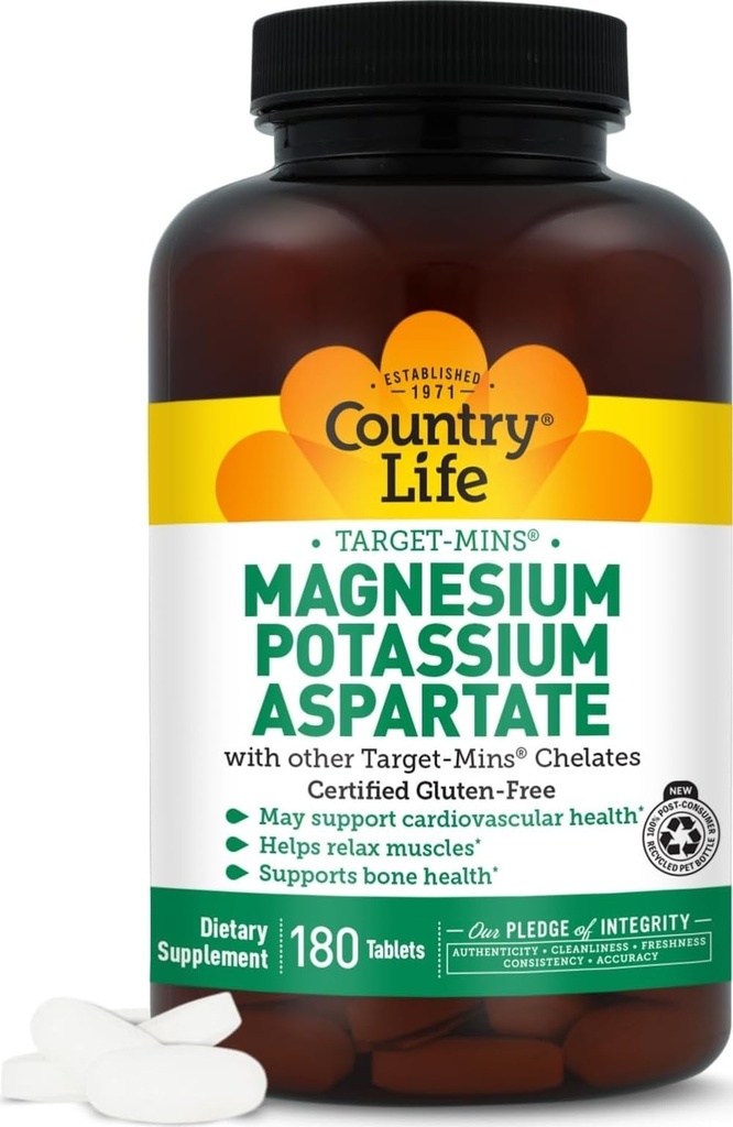 Country Life Magnesium und Kaliumergänzung für Herzgesundheit, Herz-Kreislauf-Unterstützung, Immunsystem und Knochengesundheit, Glutenfrei