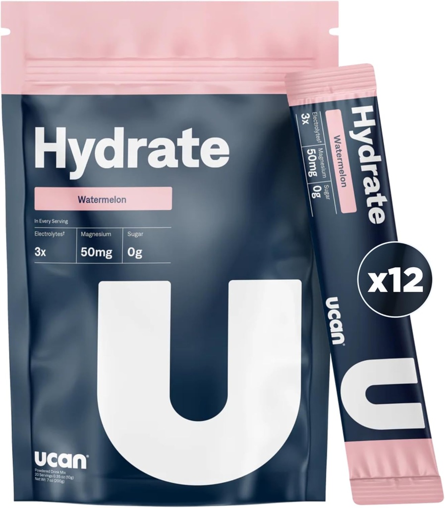 UCAN Hydrate Electrolyte Drink Mix (Watermelon, 12 Stickpacks) Senza zucchero, Keto-Friendly, Vegan, Non OGM, Polvere di elettrolita senza glutine con potassio e magnesio per Runners & Athletes