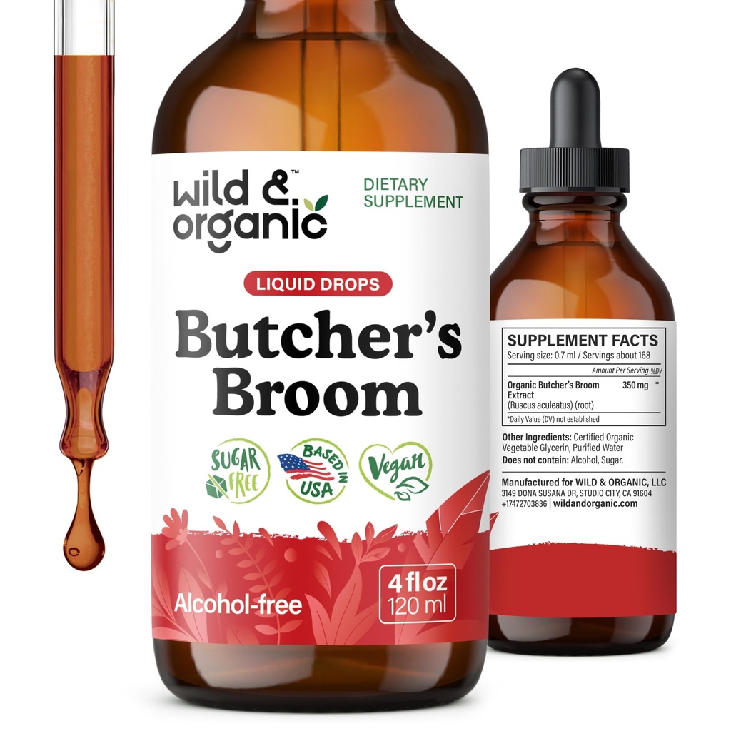 Wild & Organic Butchers Broom Supplement - Leg Support - Butchers Broom Root Extract Drops - Add to Tea Tincture - Vegan, No Alcohol & Sugar-Free - 4 fl oz