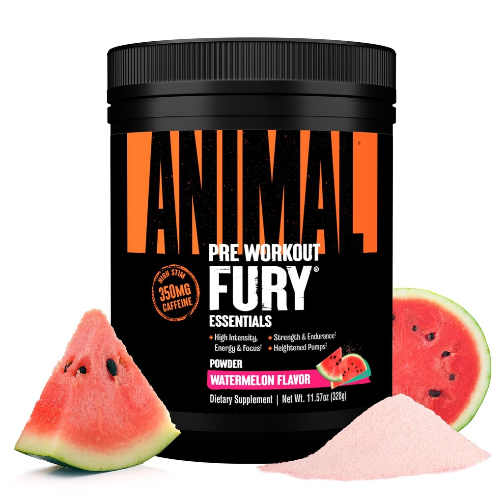 Animal Fury Pre Workout Powder - Wassermelone, 350mg Koffein, BCAA Aminosäuren, 2g Beta Alanine, Citrulline & Tyrosin, Energie, Fokus, Stärke, Ausdauer, Preworkout für Männer & Frauen, 20 Servierungen