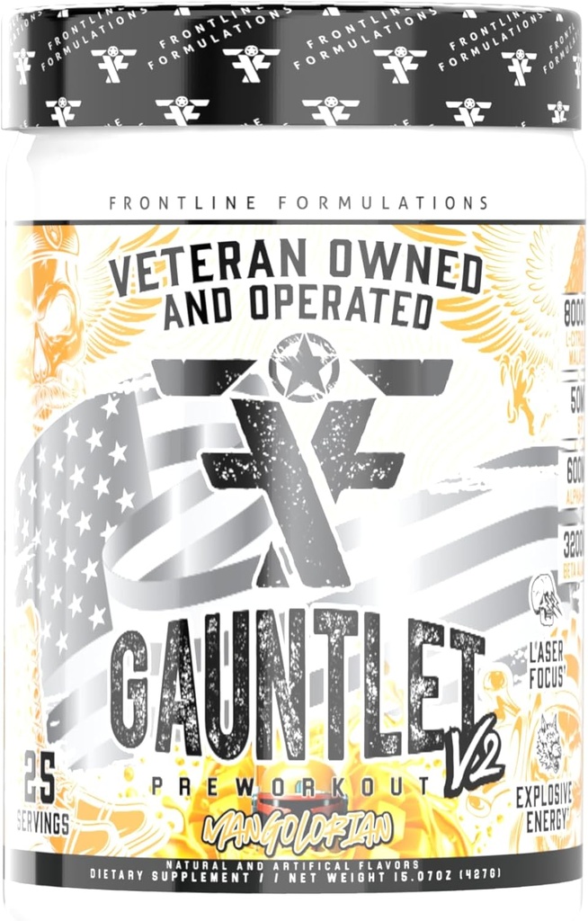 Gauntlet Pre-Workout Powder, Workout esplosivi, Laser Focus, Mid Stim, Amazing Flavor, Veteran Owned and Operated (25 Servings, Mangolorian)