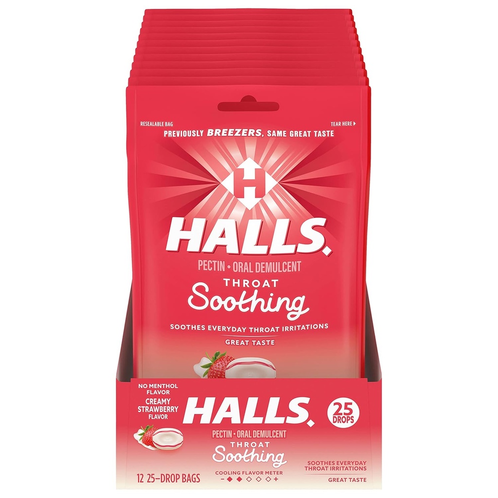 HALLS Throat Beruhigung (vorher HALLS Breezers) Creamy Strawberry Throat Drops, 12 Beutel mit 25 Tropfen (300 Total Drops)