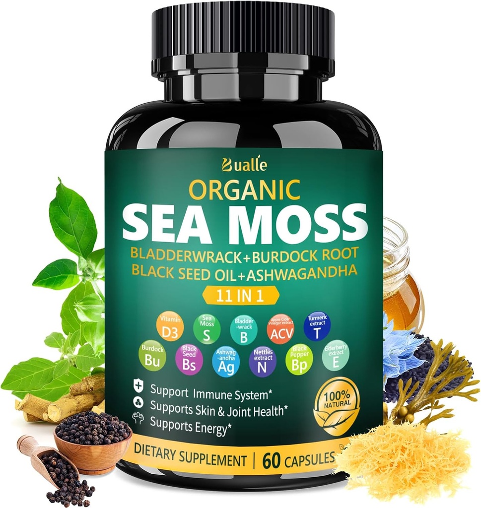 Bualle Organic Sea Moss Capsules mit schwarzem Samenöl, Ashwagandha, Bladderwrack, Ginger & Burdock Root – Kräuter-Komplex für tägliche Wellness – 60 Kapseln (1 Packung)