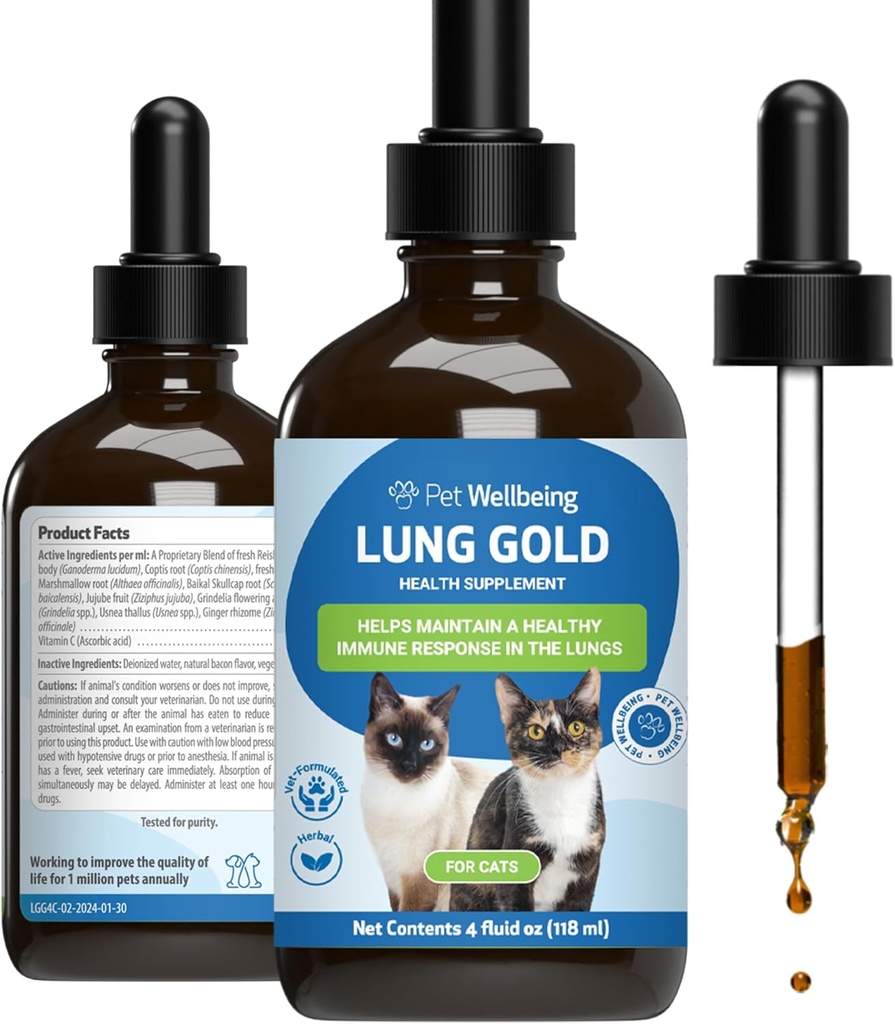 Pet Wellbeing Lung Gold for Cats - Lung Immune Support, Bassa Respiratoria Salute, Open Airways, Respirazione Normale, Reishi, Coptis - Veterinarian-Formulated Herbal Supplement - 4 oz (118 ml)