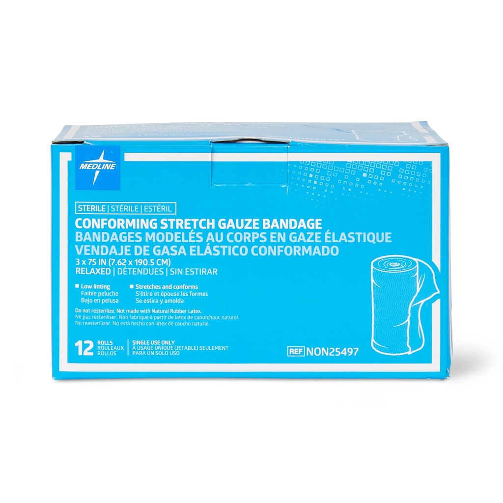 Medline Sterile Conforming Gauze Bandages, 3" x 75", Idéal pour le soin des plaies, Pack de 96