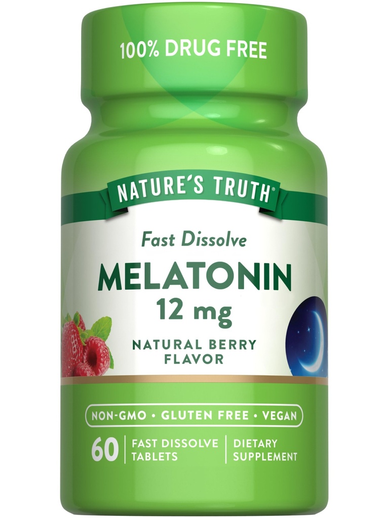 Nature's Truth Melatonin 12mg | 60 Fast Dissolve Tabletten | Natural Berry Flavor | Vegan, Non-GMO & Gluten Free Supplement