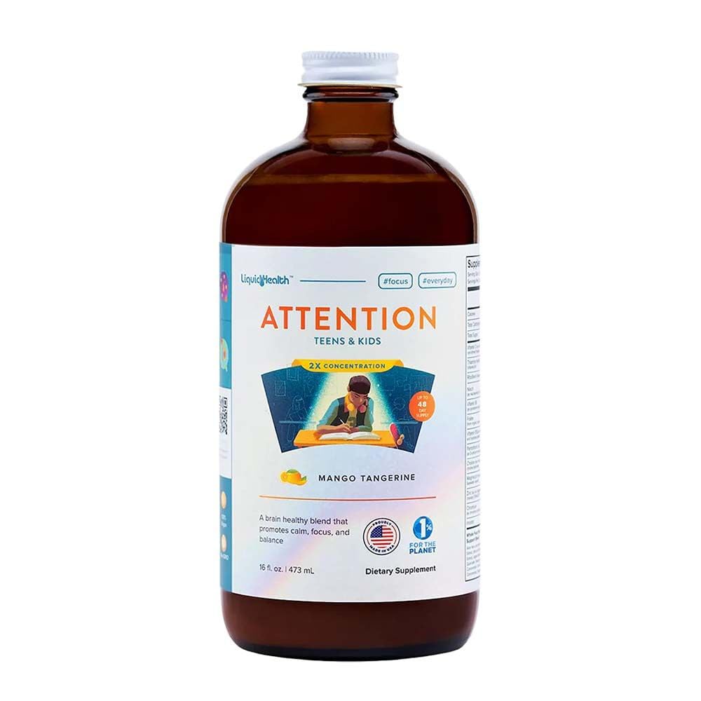 Multivitamine liquide d'attention LIQUIDHEALTH pour les enfants et les adolescents - Améliore la rétention de mémoire, la concentration, la concentration, l'humeur, la relaxation et le calme - Fabriqué aux États-Unis, grand goût, végétalien, sans sucre (16 oz)