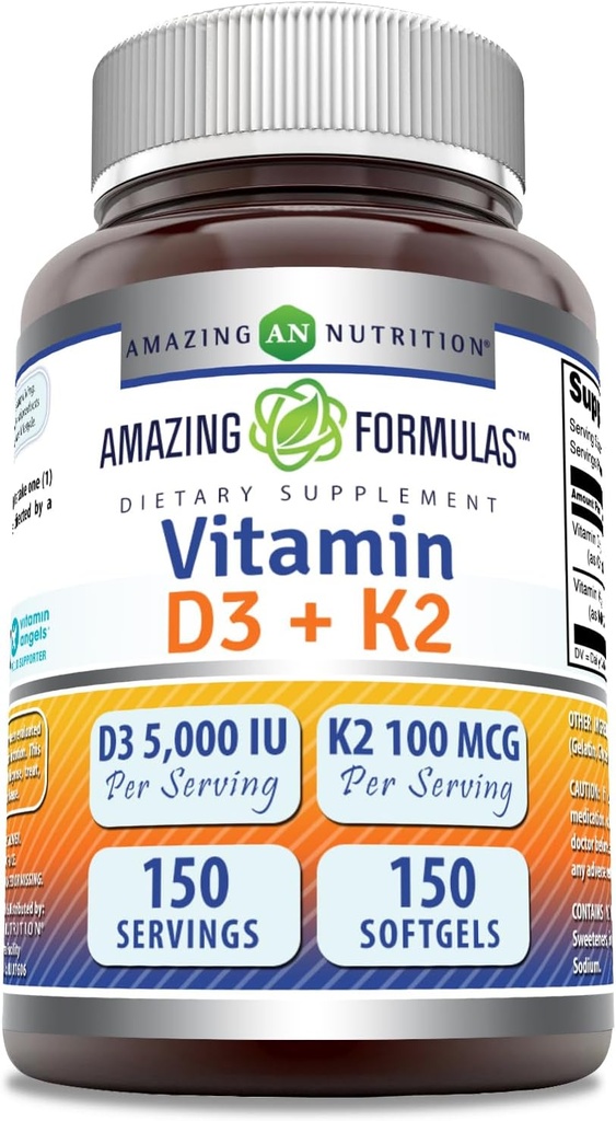 Stupefacente formula vitamina D3 5000 IU con vitamina K2 100 Mcg | D3 + K2 supplemento complesso | Softgels | Non OGM | Gluten-Free Made in USA (1 pacchetto, 150 conteggio)