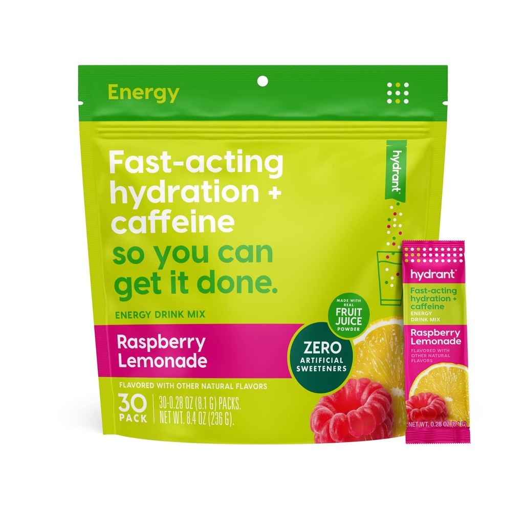 Hydrant - Energy Electrolyte Powder, Raspberry Lemonade Flavor, 30 Caffeine & L-Theanine Energy Rehydration Stick Packs - Bassa polvere di energia per uso quotidiano