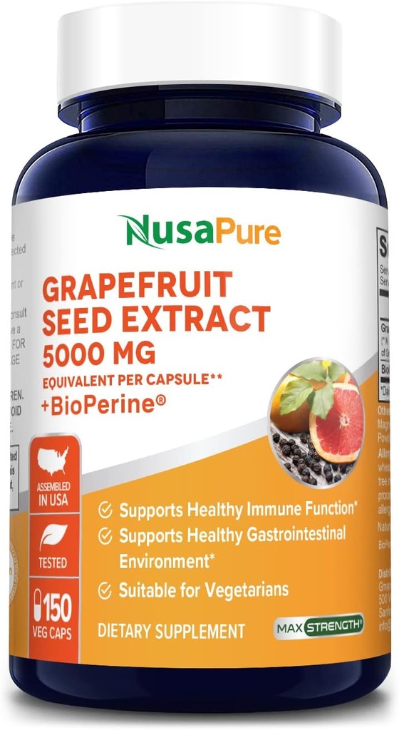 Estratto di Pompelmo di NusaPure 5.000 mg per capsula (Estratto 10:1) Bioperine 150 Tappi di verdure (Vegan, Gluten Free, Non OGM)