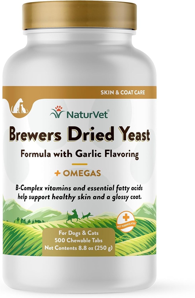 Brewer de NaturVet Levure séchée supplément pour animaux de compagnie avec aromatisation à l'ail – Comprend les vitamines B-complexe, Omega-3, 6 et 9 acides gras – aide à soutenir le manteau brillant, peau saine pour chiens, chats 500 Ct.