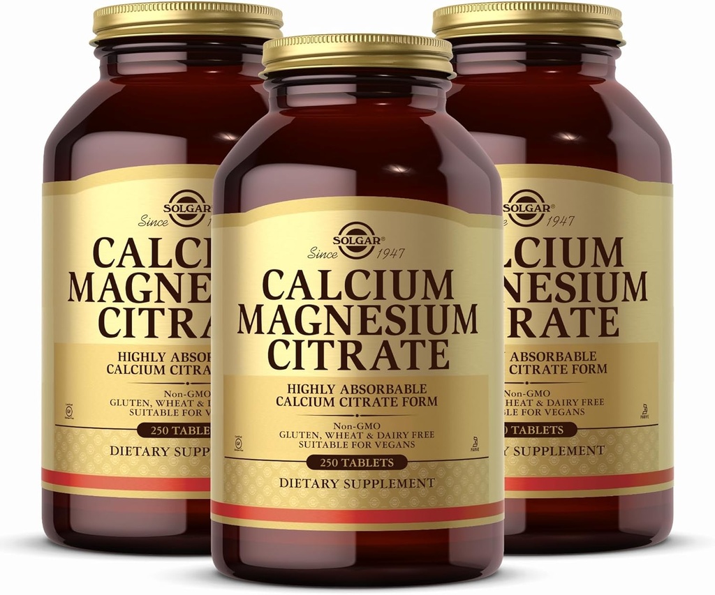 Solgar Citrate de magnésium de calcium, 250 comprimés (paquet de 3) - Soutien des os et des dents sains - Soutien du système musculo-squelettique et nerveux - Très absorbant - Non-OGM et Vegan - 150 Total des services