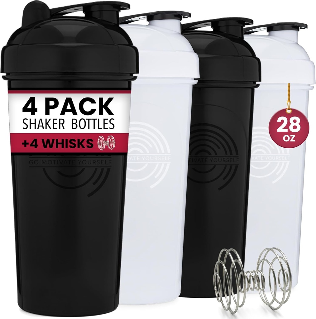 GOMOYO 4-Pack - 28 Ounce Protein Shaker Bottiglia per miscele, 4xWire Whisk, Leak Proof Bulk Supplement Mixs and Pre-Workout Shaker Cups, Lavastoviglie Safe & BPA Free, Nero & Bianco