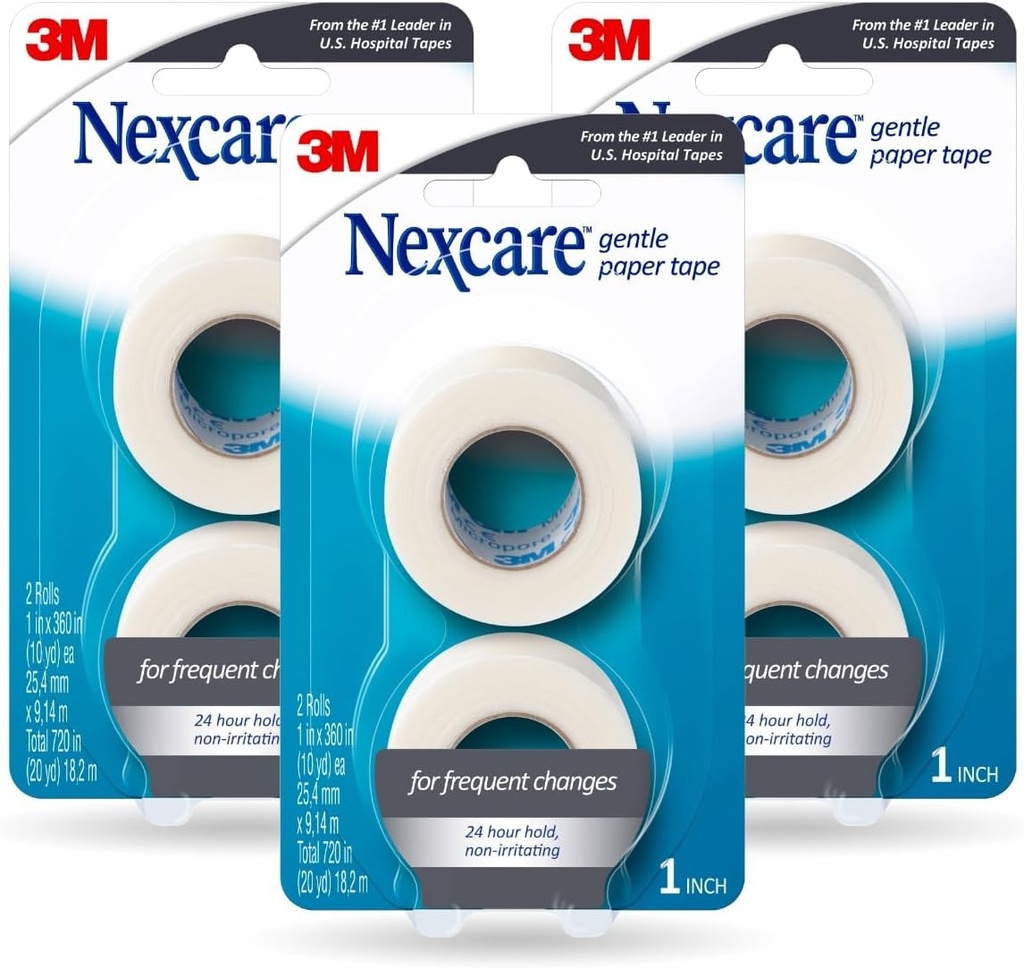 Nexcare ruban en papier doux, ruban en papier médical, sécurise les habillages et les ascenseurs loin doucement - 1 En x 10 Yds, 6 rouleaux de ruban