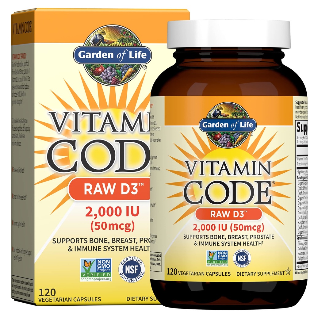 Garden of Life Vitamin D, Vitamin Code Raw D3, Vitamin D 2,000 IU, Raw Whole Food D3 Supplements with Chlorella, Fruit, Veggies & Probiotics for Bone & Immune Health, 120 Vegetarian Capsules