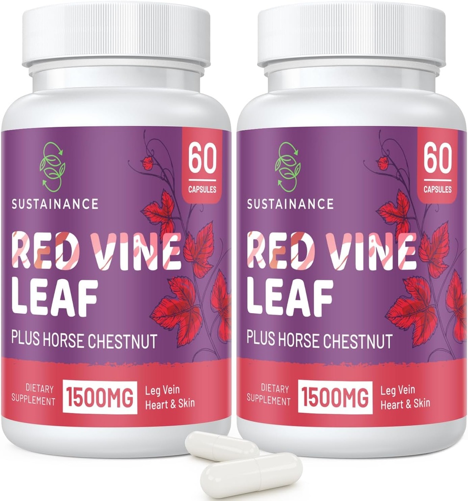 Estratto di foglie di vina rossa 1400mg & Estratto di ciambelle di cavallo 100mg supplemento per gamba, vena, circolazione, cuore, pelle (60 capsule - 2 bottiglie)