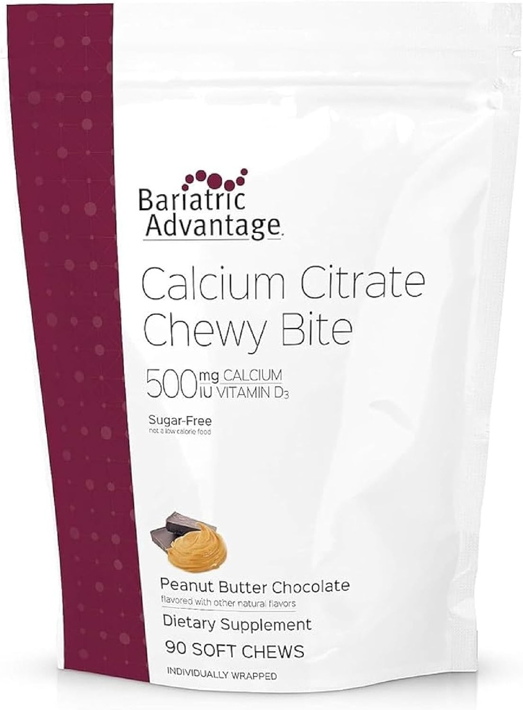 Bariatric Advantage Kalzium Zitruskerne 500 mg - Hochabsorbierbar & Digestible - Vitamin D3 - leicht Kaubare Kalziumergänzung - Erdnussbutter Schokolade - 90 Count