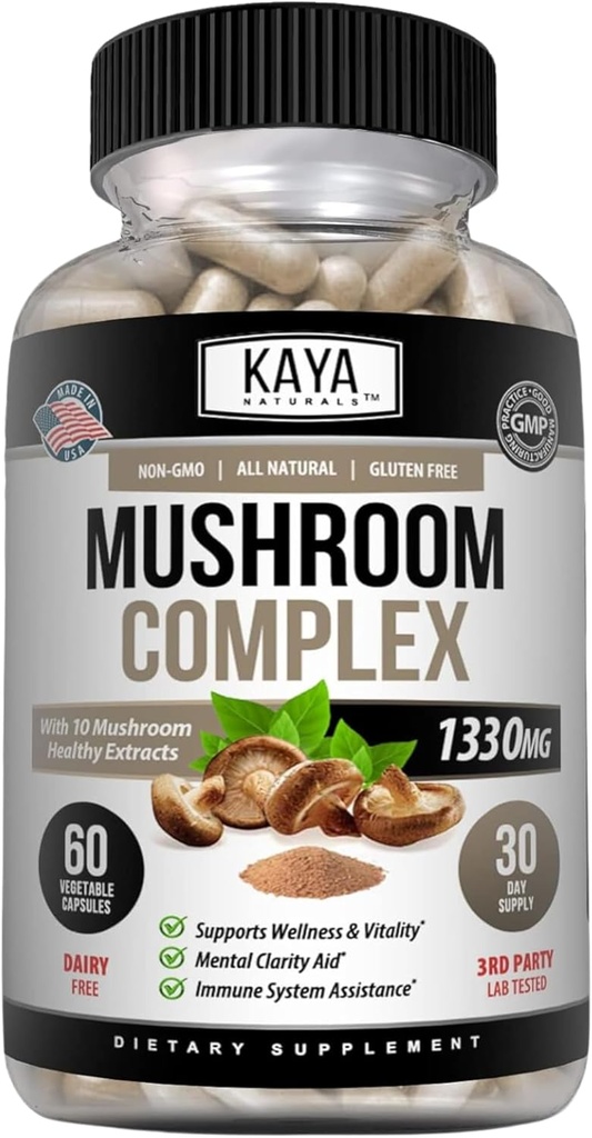 Kaya Naturals Premium Mushroom Complex Potent - Mushroom Complex Capsule 1330mg Per Serving - Aids Clarity Mental Supports Immune System, Wellness & Vitality - 60 Count
