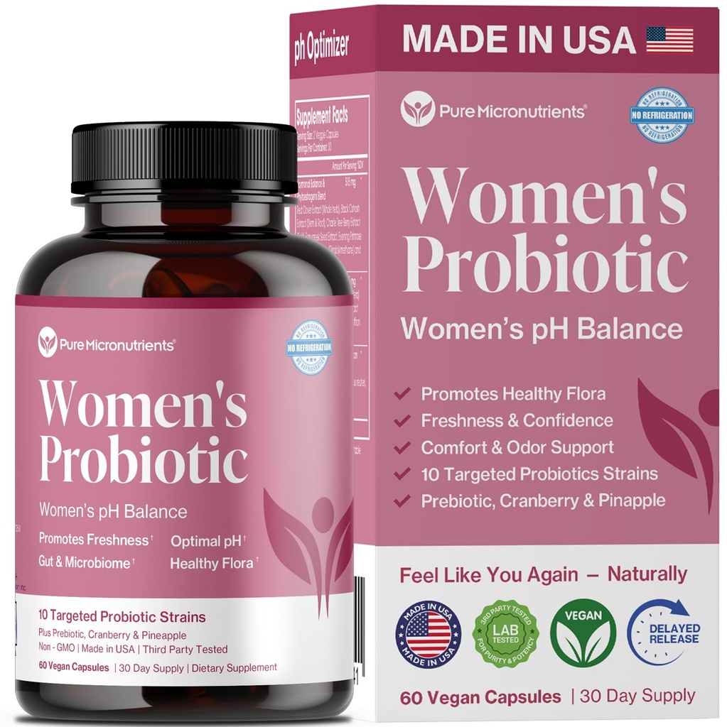 Pure Micronutrienti pH Balance Vaginal Probiotici per le donne - Odor & Itch Support - Vaginal Health Pills with Cranberry, Lactobacillus & Prebiotics - Feminine Wellness Daily Supplement - 60 Capsule