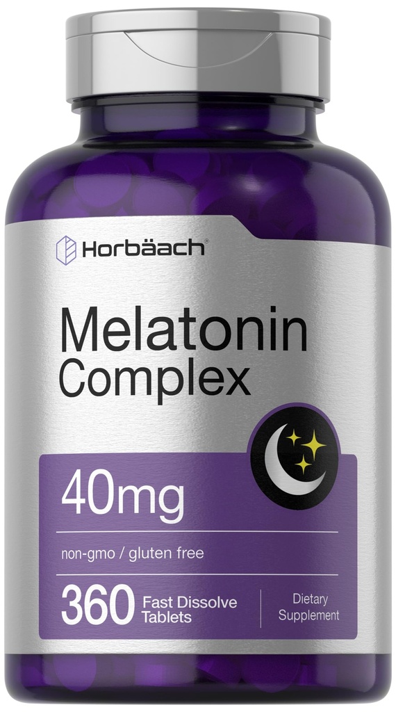 Horbäach Melatonin 40mg Complex | 360 compresse dissolve veloci | Supplemento di resistenza extra per adulti | con camomilla e Ashwagandha | Vegetariano, Non OGM, Gluten Free