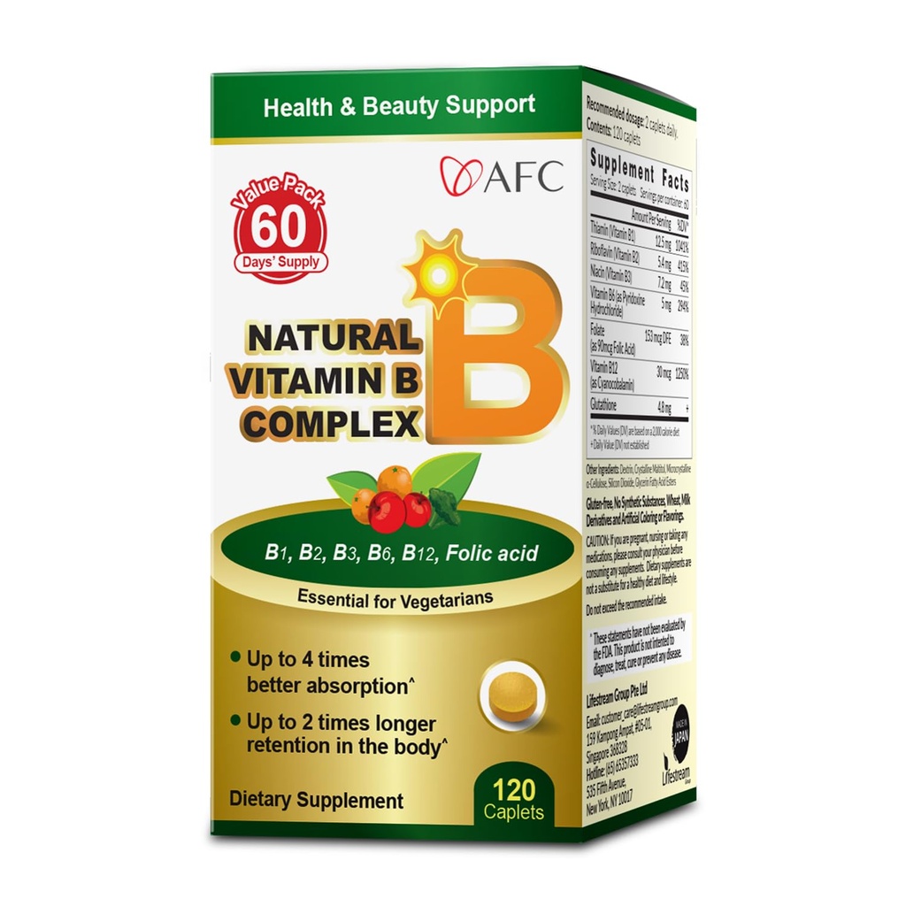AFC Japan Natürlicher Vitamin B-Komplex mit B1, B2, B3, B6, B12, Folsäure & Glutathion Hefeextrakt, keine Synthetik, Non-GMO, Ergänzung für Stress, Energie, Immun- & Nervous-System, 120 Vegan-Kapseln