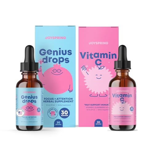 JoySpring Genius Drops & Vitamin C - School Backup Bundle | Vitamine per bambini naturalmente Fonte, Non OGM, Formula liquida non alcolica, Supporto per la salute dell'immunità | Gocce di integratori vegani e vegetariani