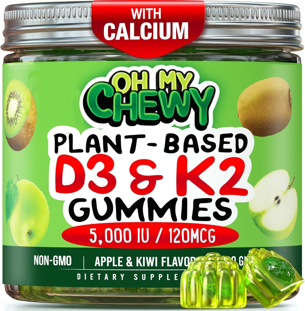 Center-Filled Vitamin D3 K2 Gummi - Kinder, Jugendliche & Erwachsene - Ergänzung für gesunde Zähne, Knochen, Energie & Immunität - 5000 IU D3, 120 mcg K2(MK-7), 120 mg Calcium - Vegan & Non-GMO - 60 Count