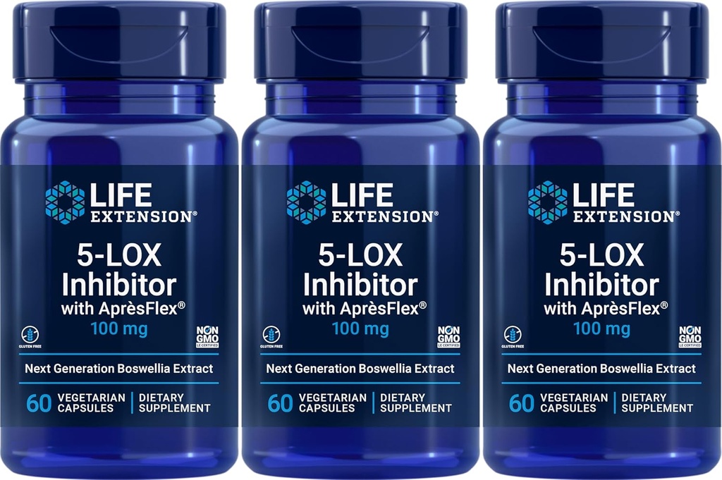 Prolongation de la durée de vie Inhibiteur 5-LOX avec AprèsFlex 100 mg, 60 capsules végétariennes (paquet de 3)