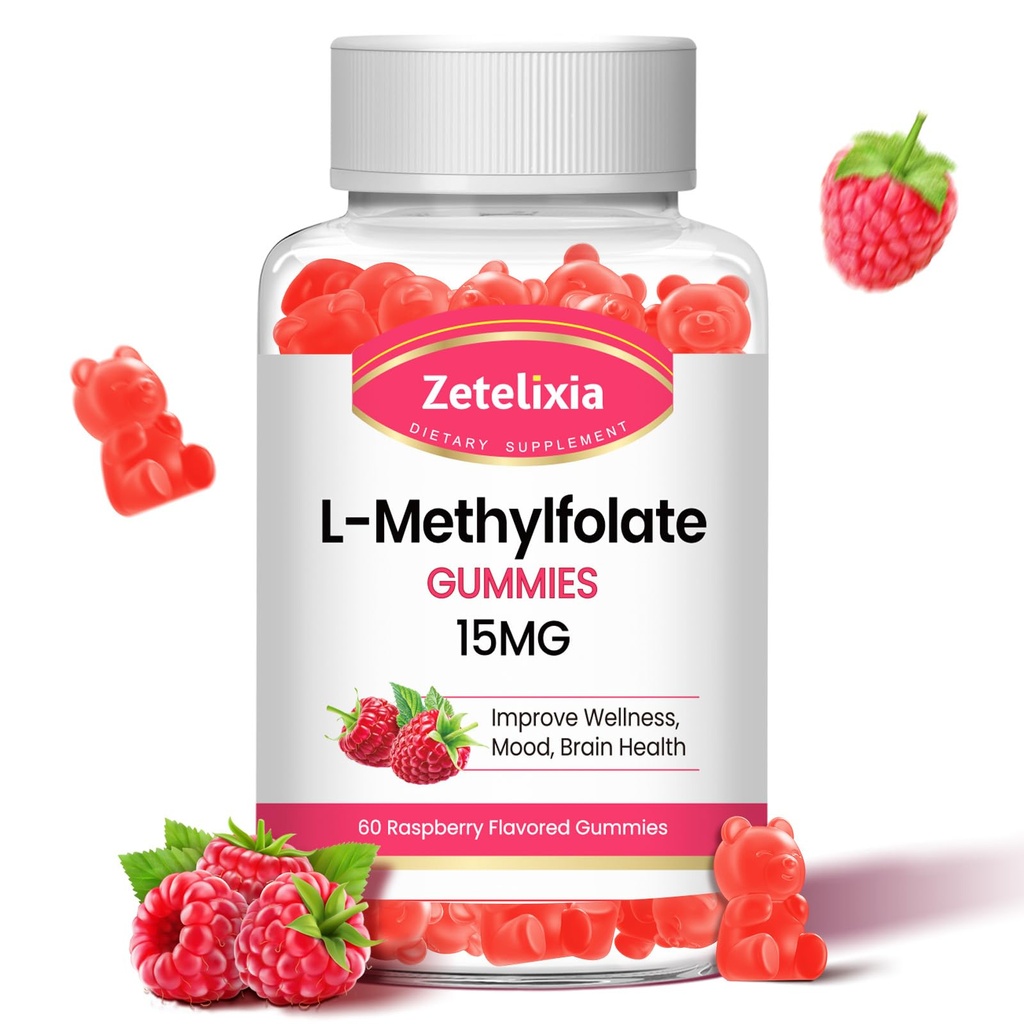 L-metilfolato 15mg & Methyl B12 Gummies, Folate Supplemento per la salute del cervello, Mood & Immunity, DNA Sintesi & riparazione, Sugar Free, Vegan, Raspberry Flavor, 60 Count
