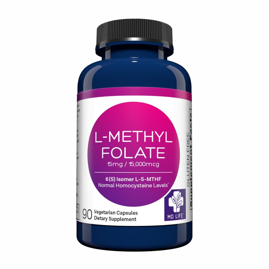 MD Life L-méthylfolate 15 mg Supplément - Supplément LMéthylfolate actif de qualité professionnelle - 90 capsules - L-méthylfolate 15 mg - Potence maximale MTHFR avec/Acides aminés essentiels