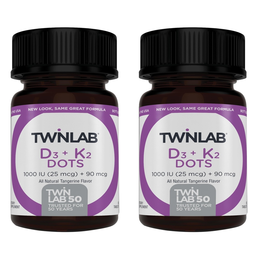 Twinlab Vitamine D3 1000 + K2 Points - Bone & Heart Health - Immune Support - 25 mcg, 60 comprimés (1000 UI) (2 Pack)