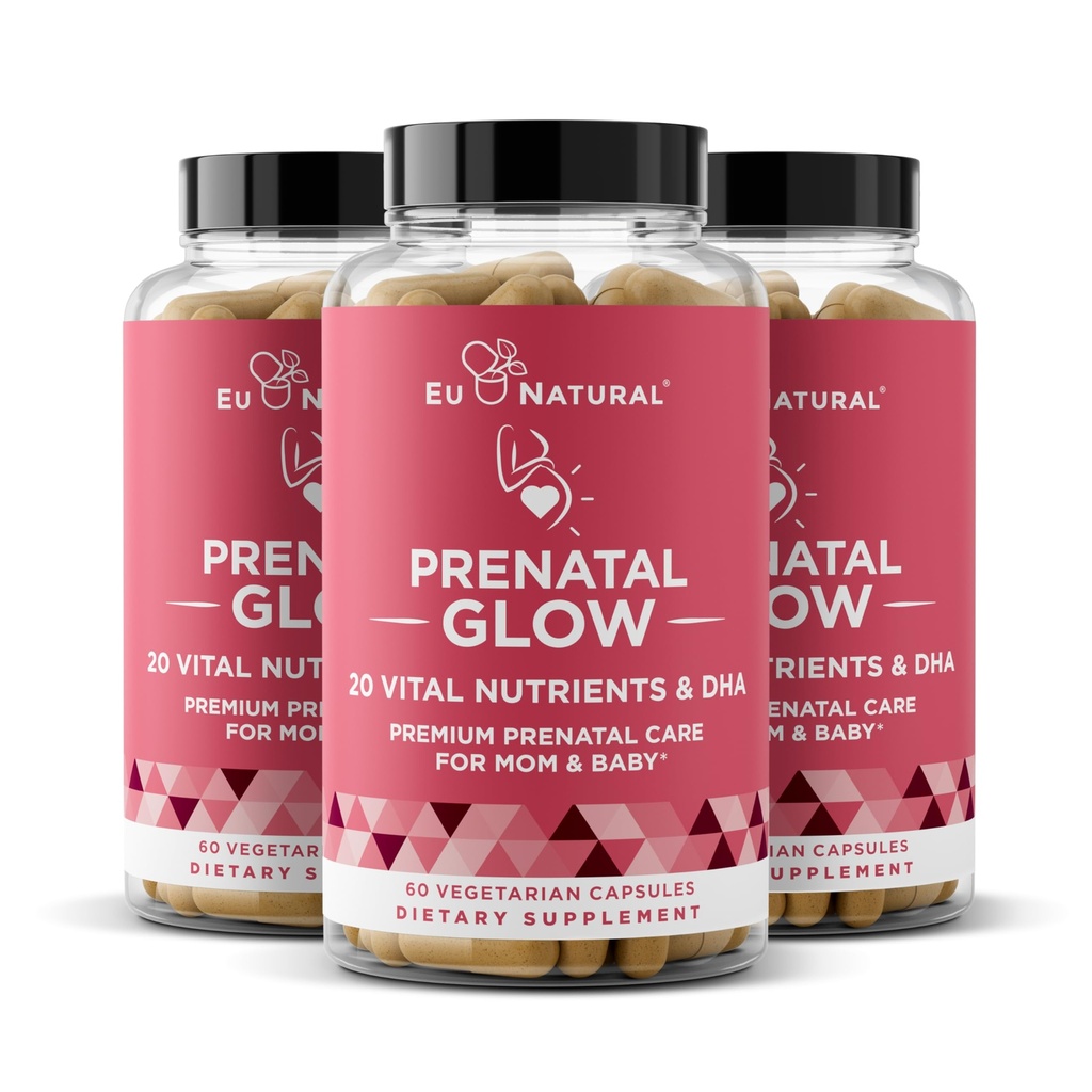 Glow Prenatal Vitamine für Damen 3-Pack Bundle – 20-in-1 Vital Nährstoffe für gesunde Schwangerschaft und gesunde Entwicklung – Folsäure & Vegan DHA für Babys Wachstum & A Bequeme Schwangerschaft – 180 Kapseln