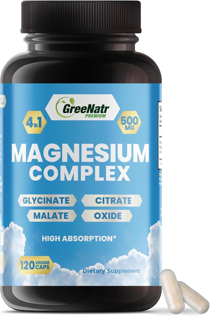 GreeNatr Magnesium Complex Supplemento - Magnesio Integratori con Glycinate, Citrato, Malate & Oxide - Compresse di magnesio per digestione, sonno, salute del cuore, & Energy - Vitamine di magnesio 120 Conti