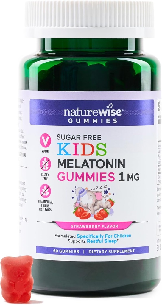 NatureWise Kids Melatonin 1 mg Sugar-Free Gummis für Kinder Alter 4 & Up - Non-Habit Forming Sleep Aid - Erdbeeren Flavored - Vegan, keine Gluten, Non-GMO - 60 Count[2-Monat Supply]