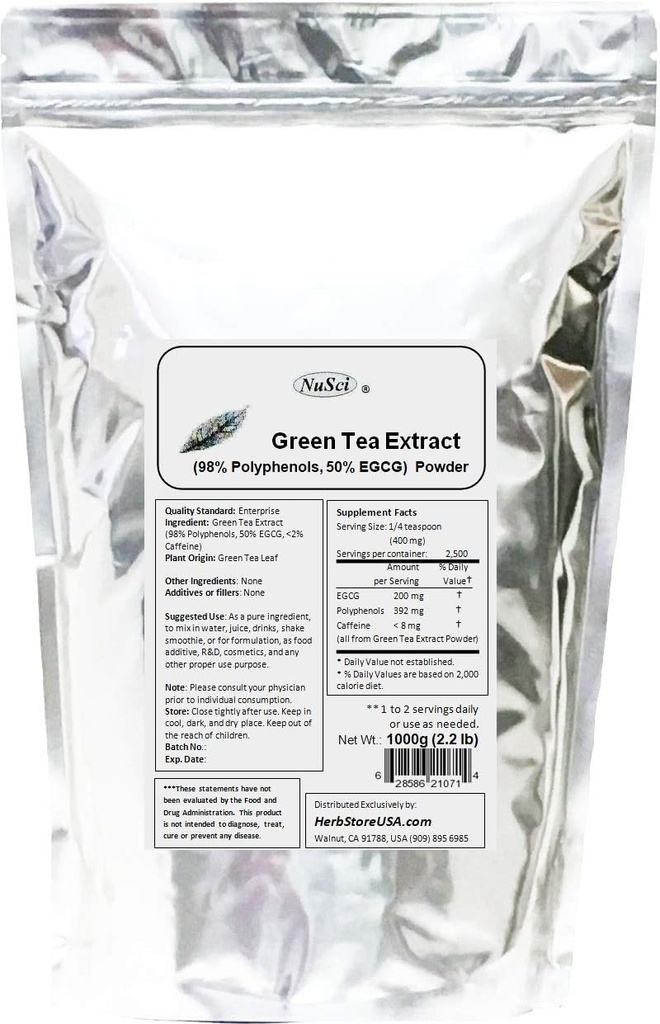Grüner Tee-Extrakt-Pulver Standardisierte 98% Polyphenole und 50% EGCG GMO Free Non-Irradiated (1000 Gramm (2.2 lb))