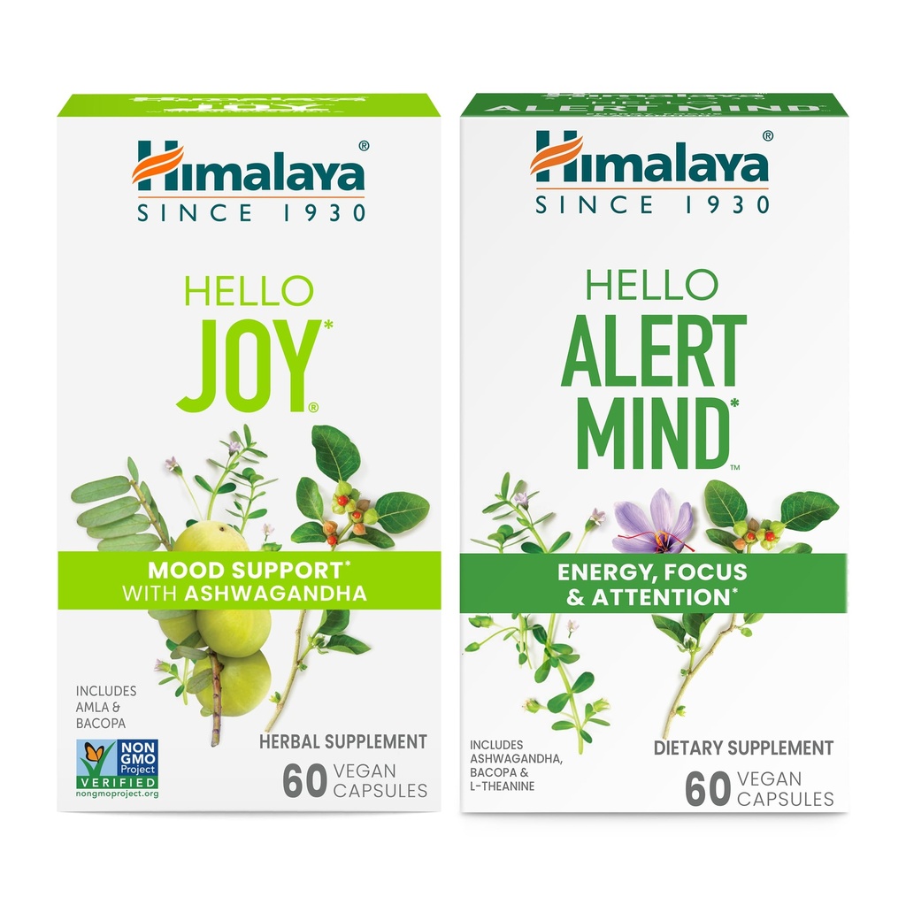 Himalaya Ciao gioia con Ashwagandha per migliorare umore e spiriti & Himalaya Hello Alert Mind con Bacopa per energia, messa a fuoco & attenzione, supplemento di erbe, 60 capsule ogni