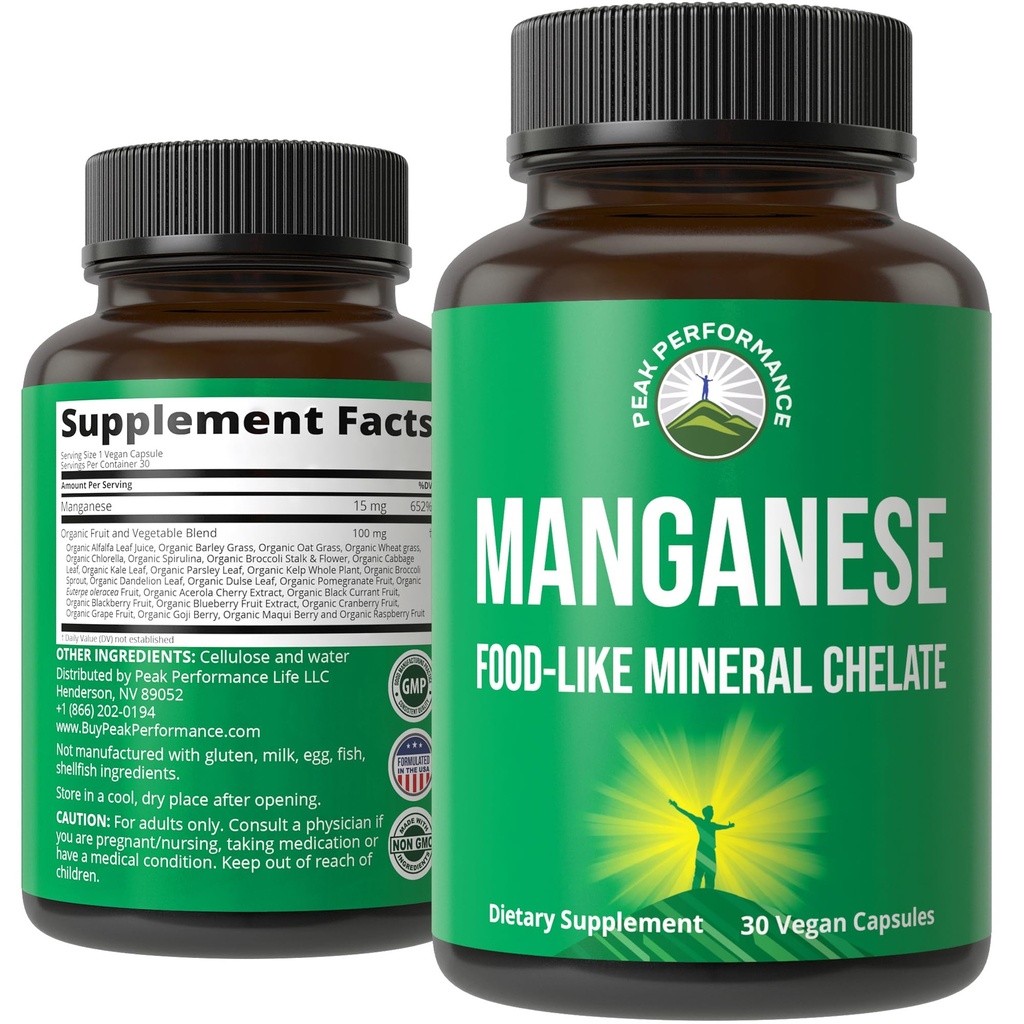 Mangan-Ergänzung Lebensmittel wie Mineral Chelat für eine ausgezeichnete Absorption mit ganzer Nahrungsmischung von 25+ Früchten & Gemüse. Pure Trace Mineral Kapseln für Connective Tissue, Knochengesundheit, Enzymunterstützung