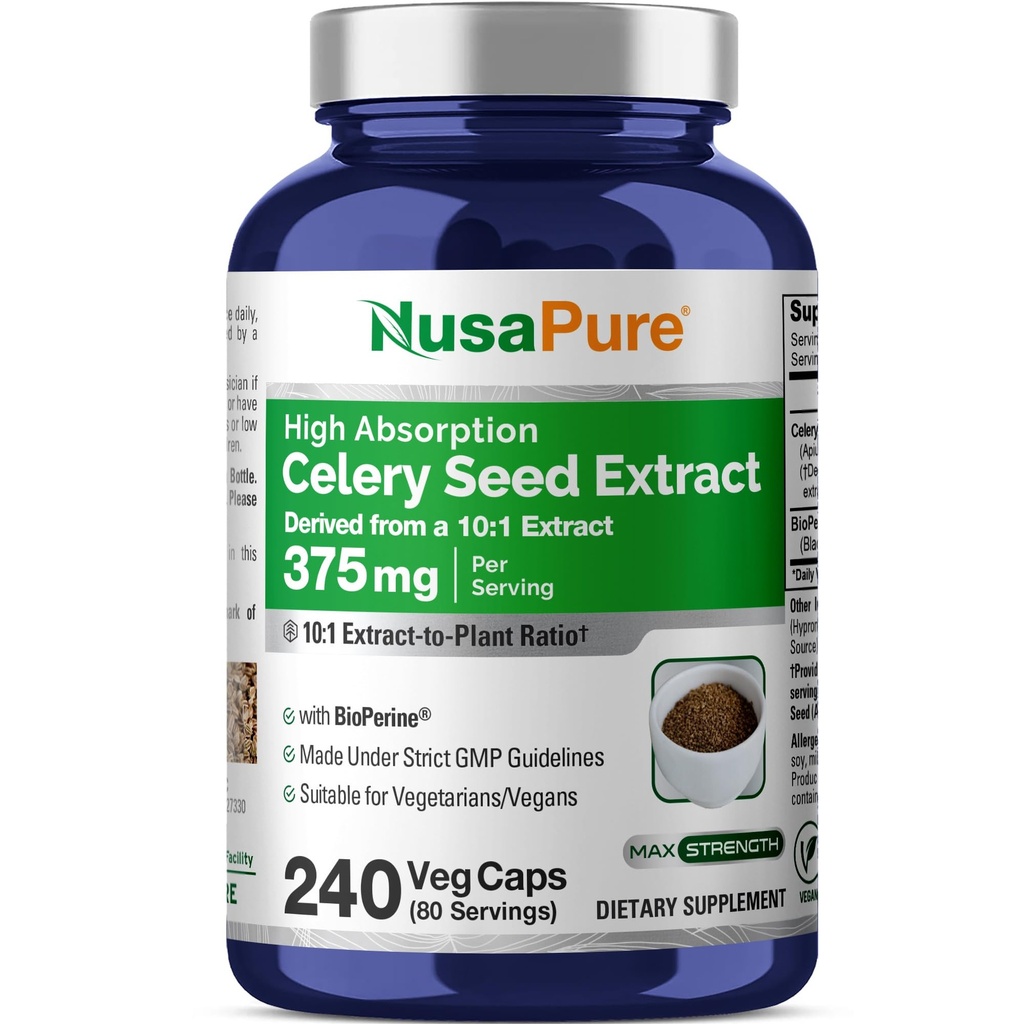 Capsules de graines de Celery NusaPure 10:1 Extrait, 375 mg Équivalent à 3750mg, 240 capsules de légumes, non OGM, végétalien