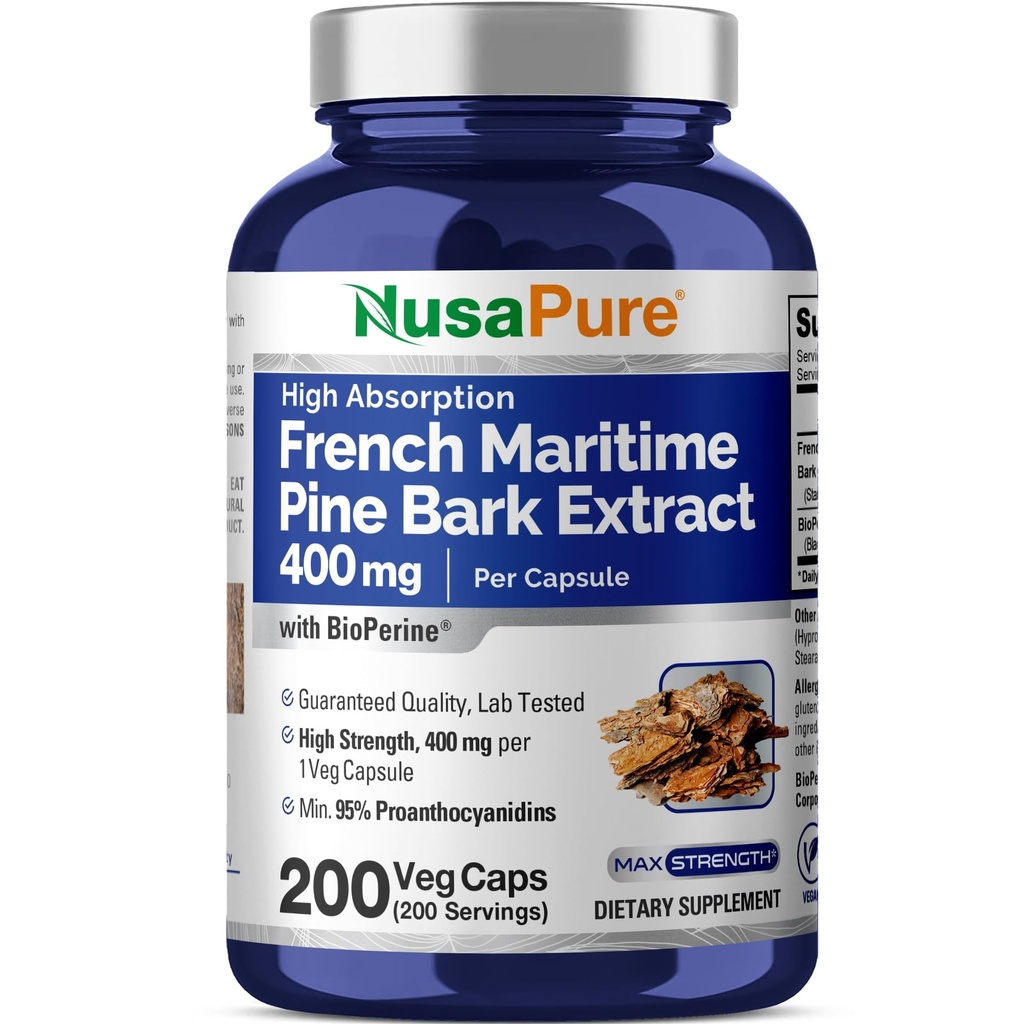 Estratto di corteccia di pino marina francese NusaPure 400mg per Veggie Caps 200-Day Supply Bioperine Non-GMO Vegan