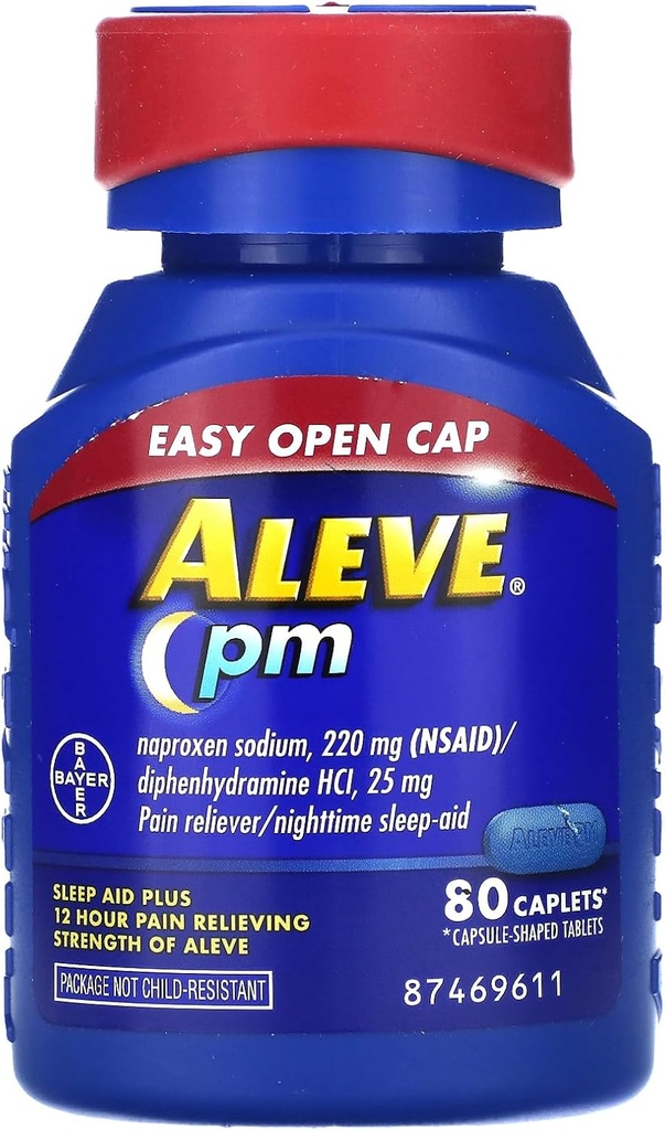 Aleve PM Caplets, Naproxen Sodium 220 mg (NSAID)/diphénhydramine HCl 25 mg, analgésique/dilatation nocturne, formation non-habitante, 80 Nombre