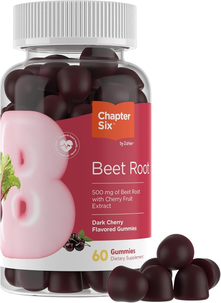 Gommies de racines de betteraves de Zahler avec extrait de fruits de cerise - Gommies de betteraves de 500mg pour les adultes - Flaveur de cerises foncées - Supporte le flux d'oxyde de sang et de nitrique - Gommies de betteraves non OGM Kosher végétarien - 60 Comte