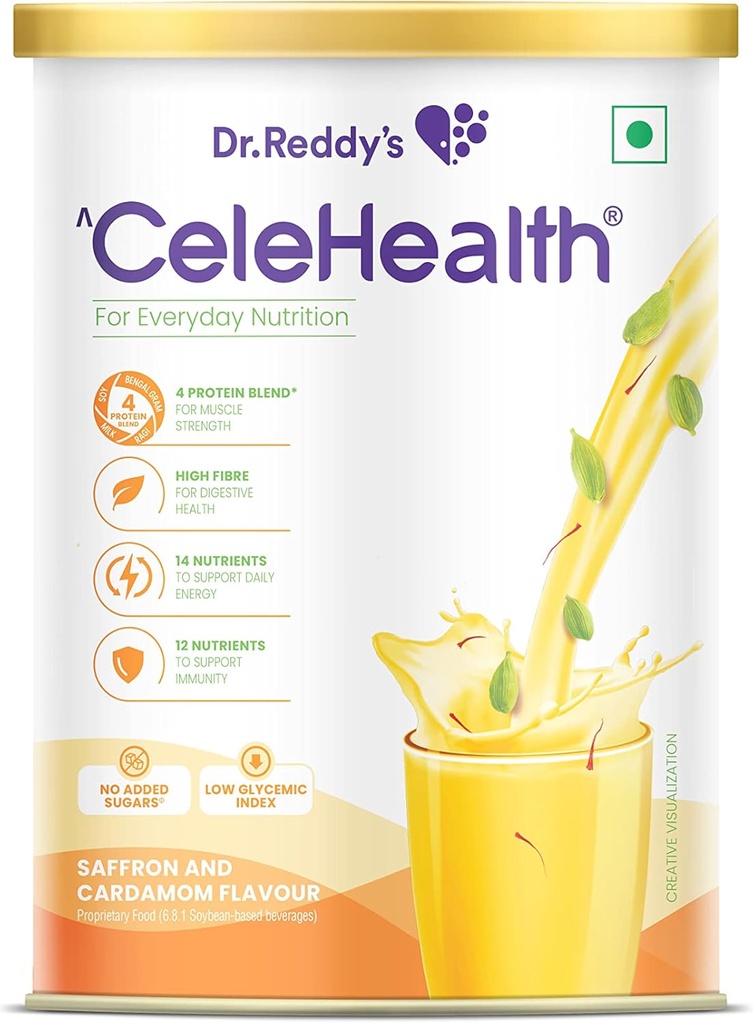 Dr. Reddy’s Celehealth Nutritional Drink, Protein Supplement für den täglichen Gebrauch, Niedriger Glycemic Index, Zero Added Sugar, Saffron und Cardamon Flavour, 400g,gelb
