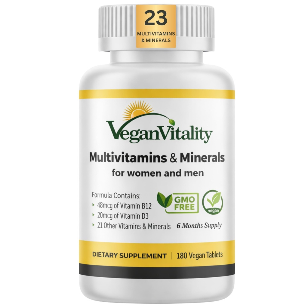 Vegan Vitality Multivitamines & Minerals für Frauen und Männer mit hoher Stärke Vitamin B12, D3 & K2. 180 Vegan Multivitamin Tabletten - 6 Monate Versorgung. Vitamine für Vegane und Vegetarier